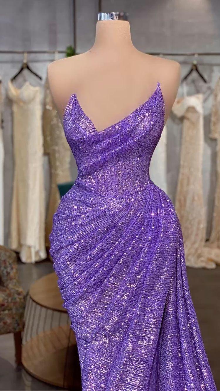Light Purple Sequins Long Prom Dress Removable Sleeve,Charming Evening Dress Y711