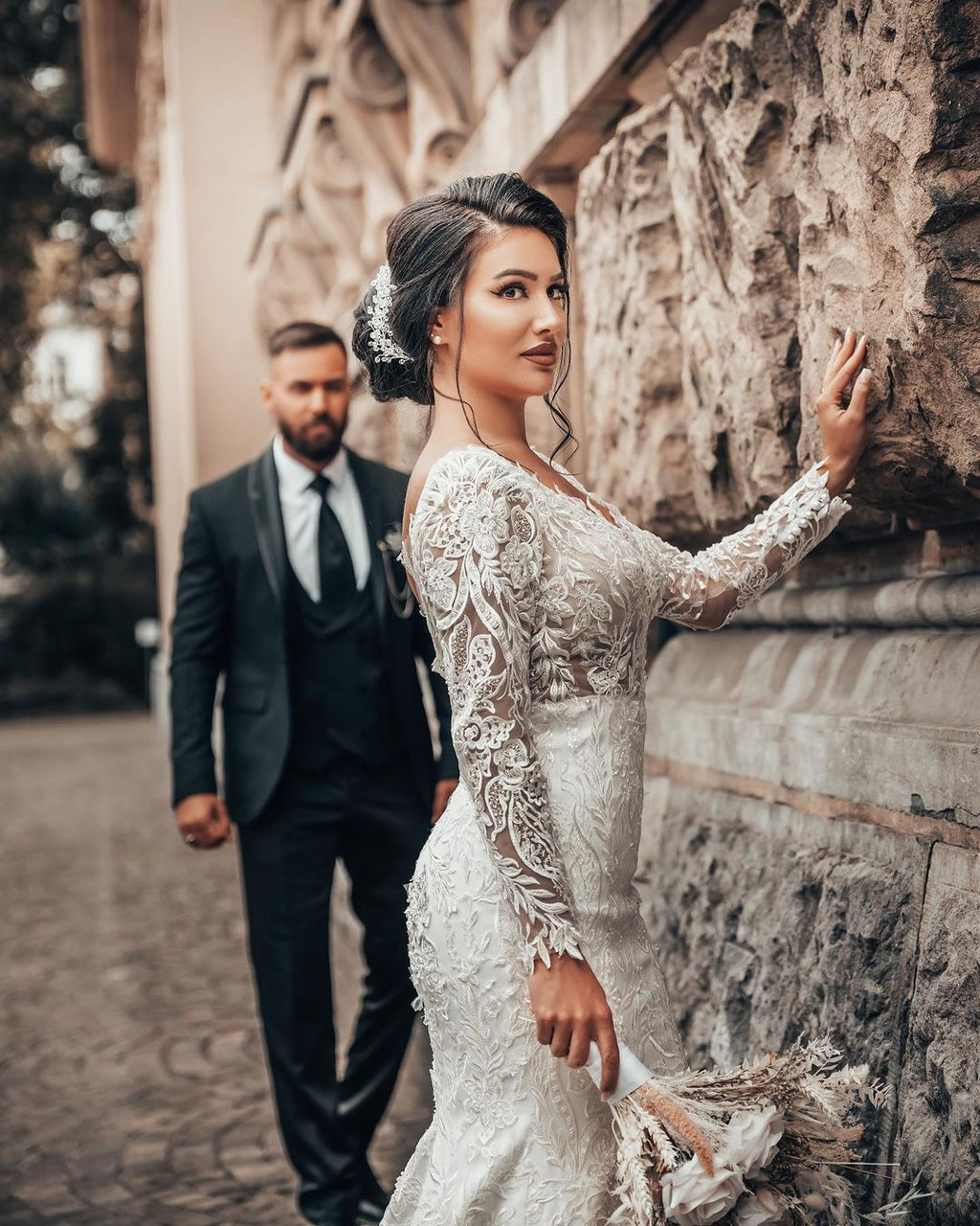 Bridal Lace Mermaid Wedding Dress With Long Sleeves On Sale