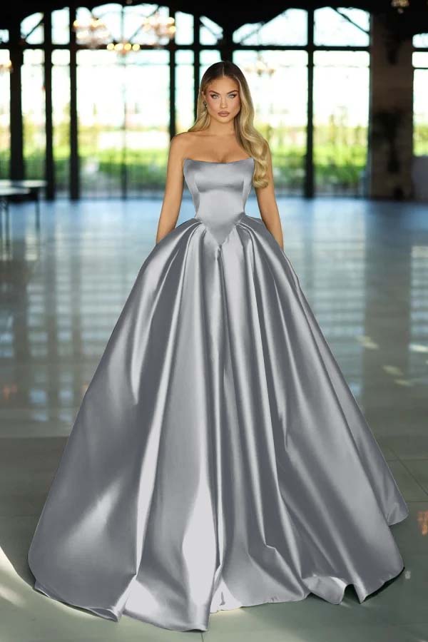 Strapless Sleeveless Long A Line Prom Dress With Pockets Pleated Custom Colors