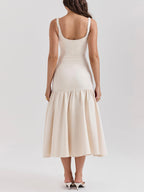 Abito Midi con Scollo Quadrato Elegante, Spalline Larghe e Vita Cadente