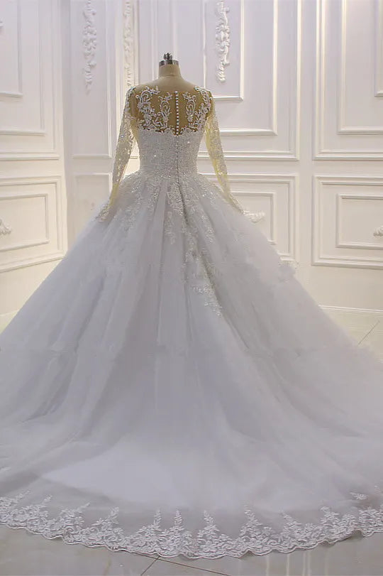 Elegant Long Sleeves Bateau Lace A Line Wedding Dress With Pearl Tulle Appliques