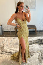 Vestidos longos de baile com decote em V, lantejoulas douradas e fenda, com encantadora sereia
