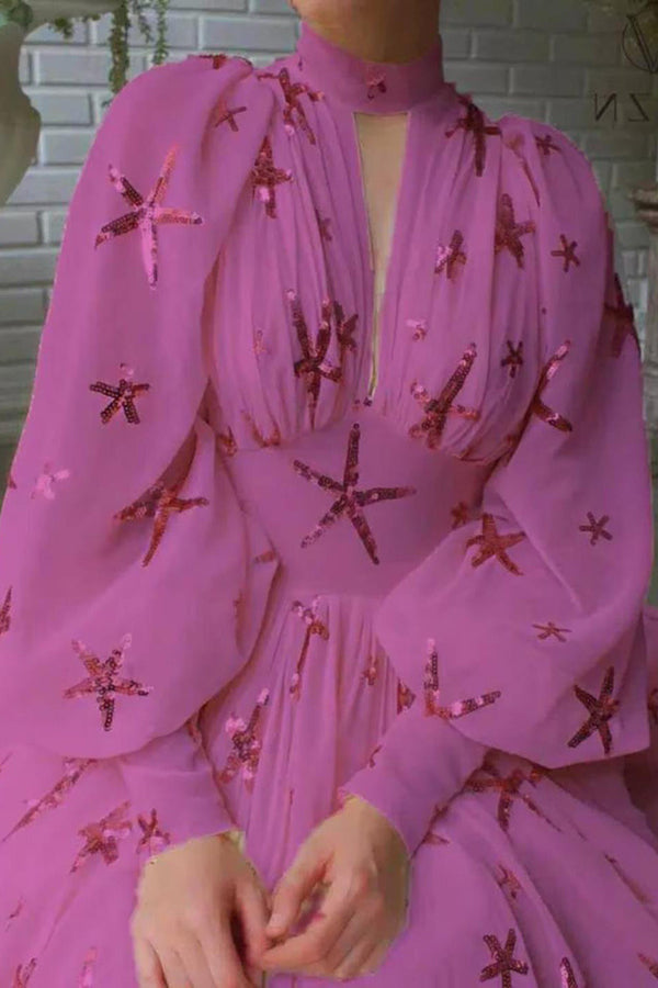Grand Evening Chiffon-Maxikleid mit Stern-Pailletten und Laternenärmeln 