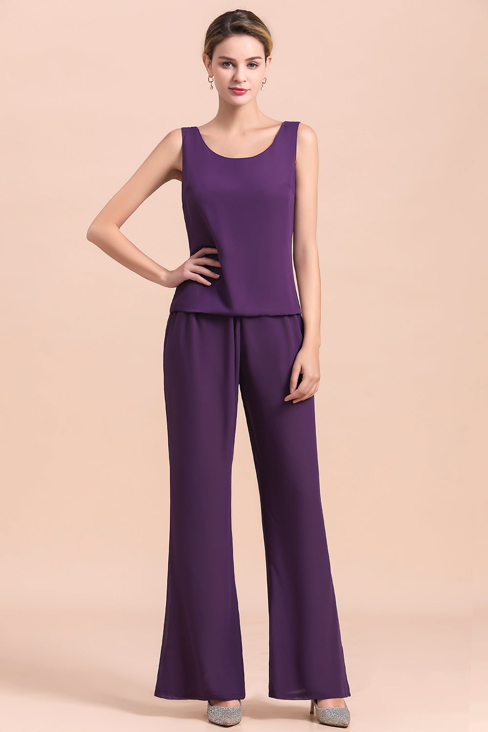 BMbridal Affordable Straps Beading Grape Chiffon Mother of Bride Jumpsuit Online with Wrap