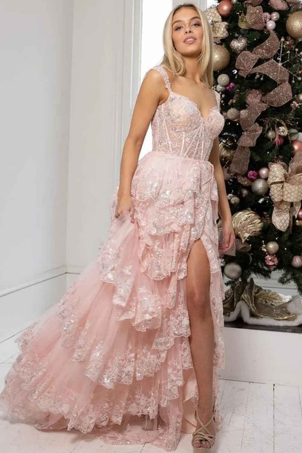 Fuchsia Princess Off the Shoulder Long Tiered Corset Prom Dress with Sequins