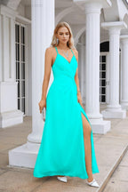 Vestido de Festa Comprido até ao Chão para Damas de Honra, em Chiffon, com Alças Finas, Decote em V e Fenda Frontal, para Baile, Festa e Casamento 28116