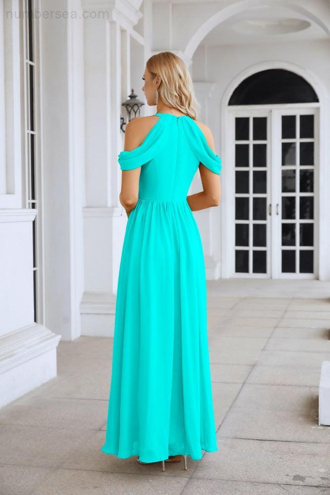 Abito da sera da damigella in chiffon con spalle scoperte, maniche a campana e spacco frontale, abito da festa nuziale 28117