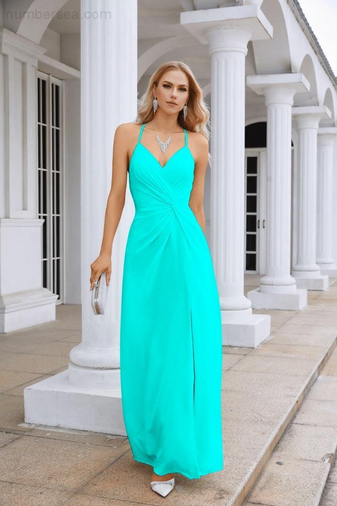 Vestido de Festa Comprido até ao Chão para Damas de Honra, em Chiffon, com Alças Finas, Decote em V e Fenda Frontal, para Baile, Festa e Casamento 28116