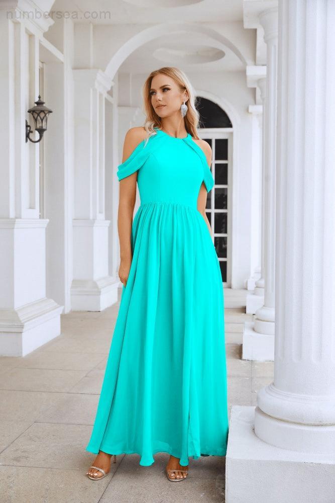 Abito da sera da damigella in chiffon con spalle scoperte, maniche a campana e spacco frontale, abito da festa nuziale 28117
