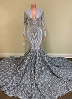 Vestido de Baile Sereia com Renda, Lantejoulas, Decote em V e Mangas Compridas, com Fundo de Flores