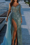 Sexy Party-Abendkleid mit hoher Öffnung, Pailletten und schrägem Kragen 