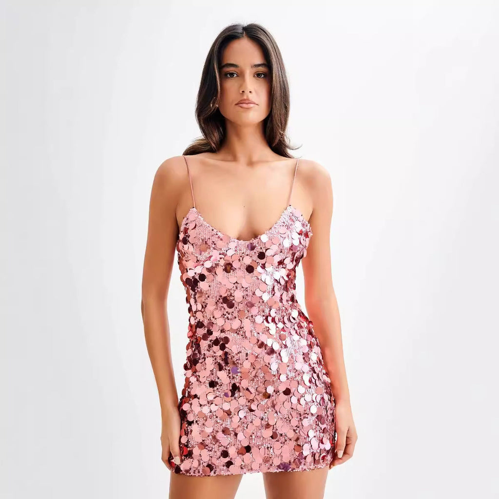 Mini vestido de baile de lantejoulas brilhantes sem costas
