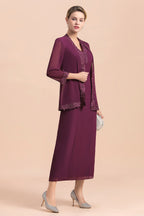 BMbridal Elegant V-Neck SLeeveless Apppliques Grape Mother of Bride Dress with Wraps