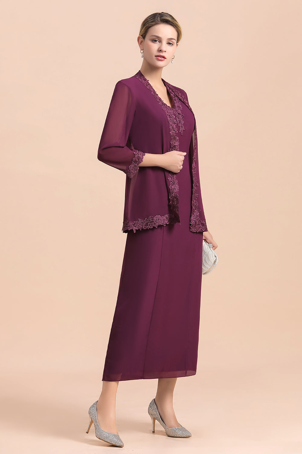 BMbridal Elegant V-Neck SLeeveless Apppliques Grape Mother of Bride Dress with Wraps