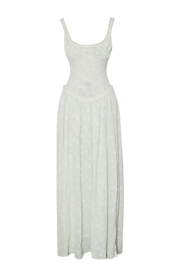Vestido Maxi Ulissa Verde Claro com Decote Quadrado, Textura Jacquard e Fenda Alta