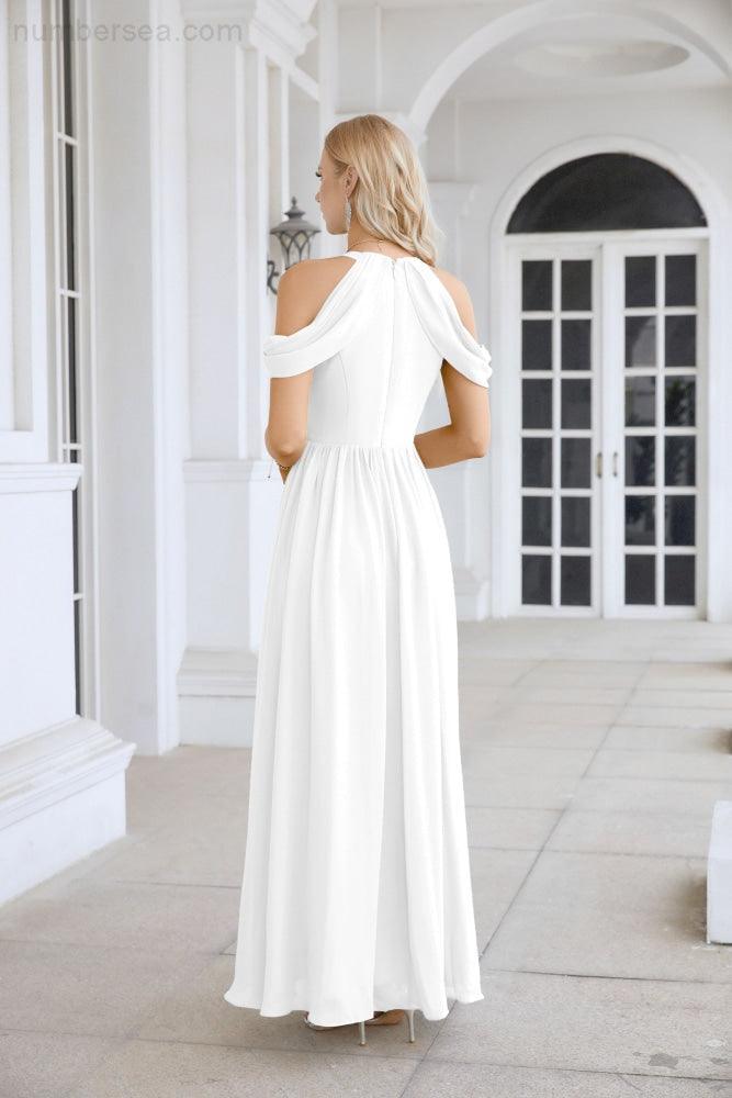 Abito da sera da damigella in chiffon con spalle scoperte, maniche a campana e spacco frontale, abito da festa nuziale 28117
