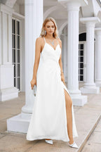 Vestido de Festa Comprido até ao Chão para Damas de Honra, em Chiffon, com Alças Finas, Decote em V e Fenda Frontal, para Baile, Festa e Casamento 28116