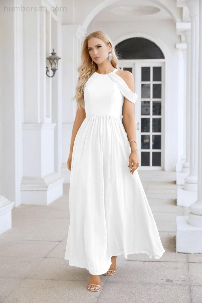 Abito da sera da damigella in chiffon con spalle scoperte, maniche a campana e spacco frontale, abito da festa nuziale 28117