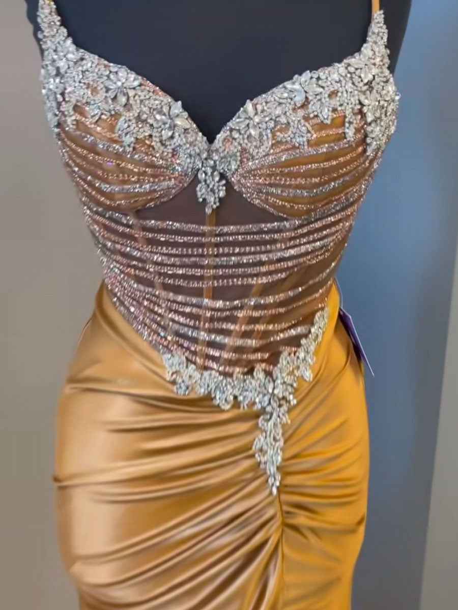 Gold Plunging V Neck Beaded Bodice Satin Prom Dress With Slit