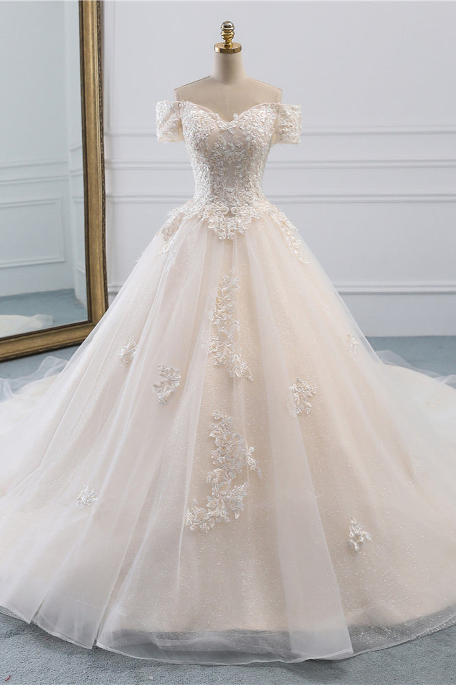 Off The Shoulder Tulle Princess Long Wedding Dress With Appliques Lace