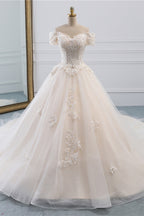 Off The Shoulder Tulle Princess Long Wedding Dress With Appliques Lace