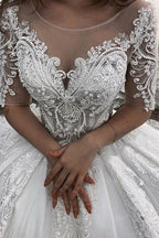 Chic Ball Gown Wedding Dress With Short Sleeves Sheer Tulle And Appliques