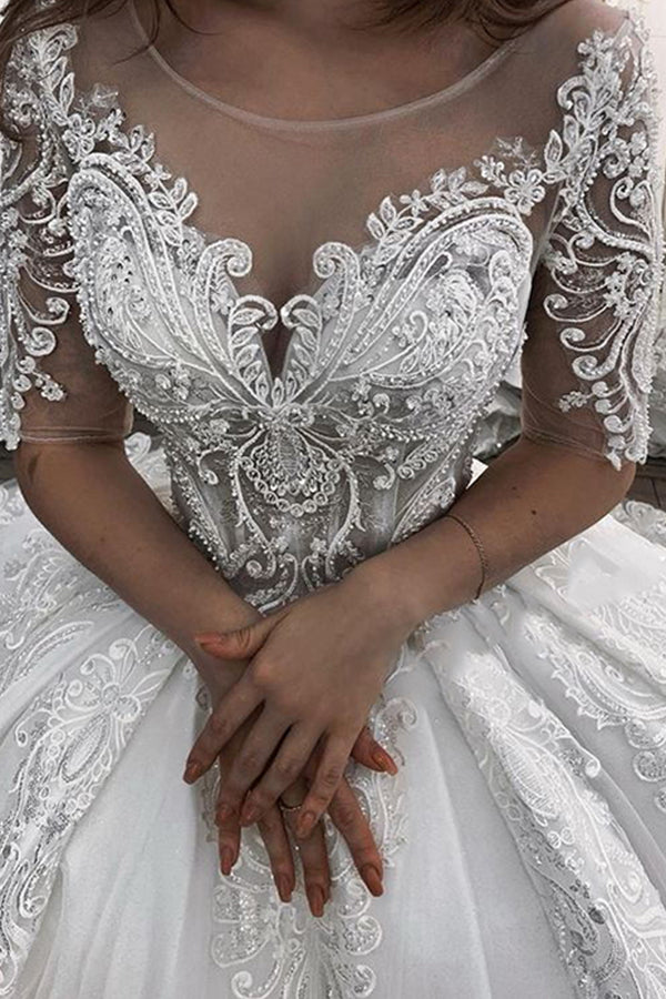 Chic Ball Gown Wedding Dress With Short Sleeves Sheer Tulle And Appliques