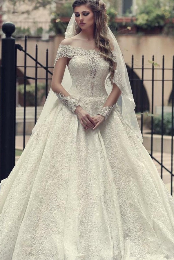 Glamorous Long Sleeves A Line Off The Shoulder Wedding Dress Backless Appliques