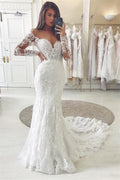 V Neck Off Shoulder Lace Wedding Dress With Appliques And Long Sleeves