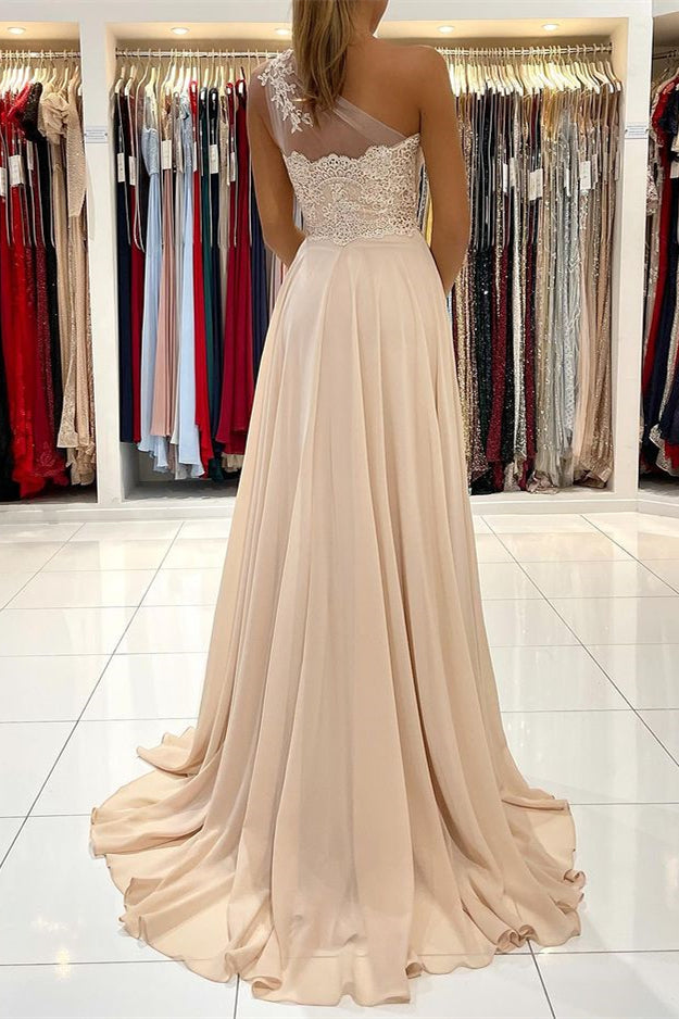 Custom One Shoulder Prom Dress With Lace Appliques And Front Split