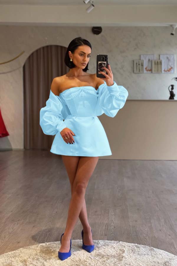 Spaghetti Strap Long Sleeves A Line Prom Dress With Beading