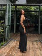 Nibber Rotes Glänzendes Maxikleid mit Spaghettiträgern für Damen Einfarbig Sexy Rückenfrei mit Raffung und Ausschnitt Figurformendes Kleid Damen Hipster Straßenkleidung