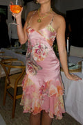 Bonito rosa cetim estampa floral midi vestido de baile sexy vestido de noite y8418