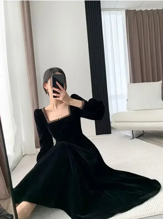 فستان مخملي نسائي بأكمام طويلة وياقة مربعة أنيق ضيق بتصميم رقع فستان سهرة موضة Y6744