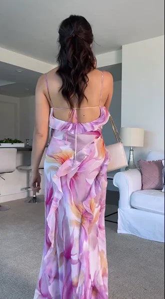 Beautiful Ruffle Graphic Floral Print Low Backless Long Prom Dress Slit Party Evening Dress Y8099