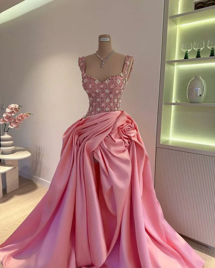Pretty Pink Beaded Rose Pleated A Line Satin Prom Dress Long Evening Dress Ball Gown Y8518