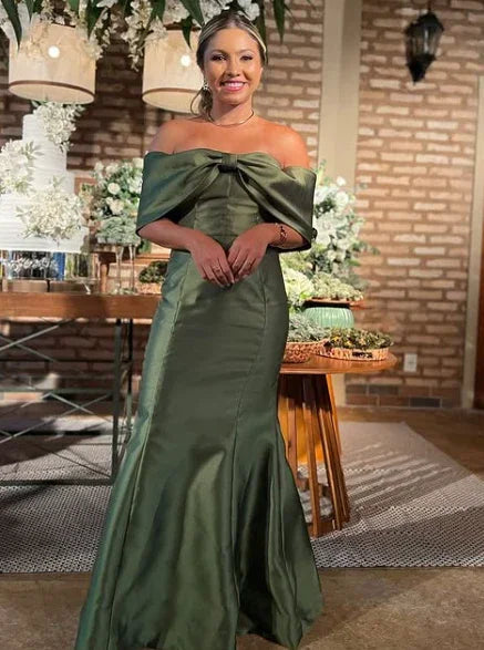 Vestido de Festa Vintage Verde com Laço, Ombros Descobertos, Modelo Sereia, Cetim Formal Y8269
