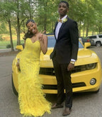 Vestido de Festa Elegante Amarelo com Decote Coração Vestido de Noite Amarelo Y6503