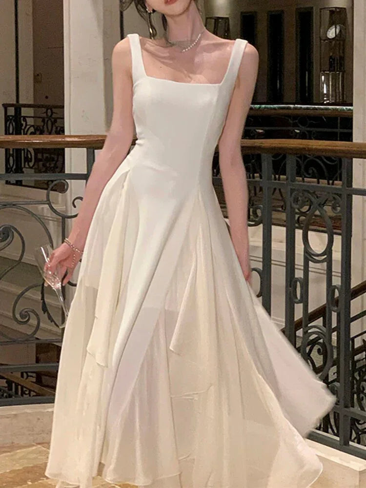 Novo Vestido de Festa Branco Francês com Alças, Saia Elegante, Decote Quadrado, Vestidos de Noite, Moda Y4486