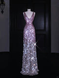 Hermoso vestido largo de fiesta rosa con escote en V y lentejuelas Y8688