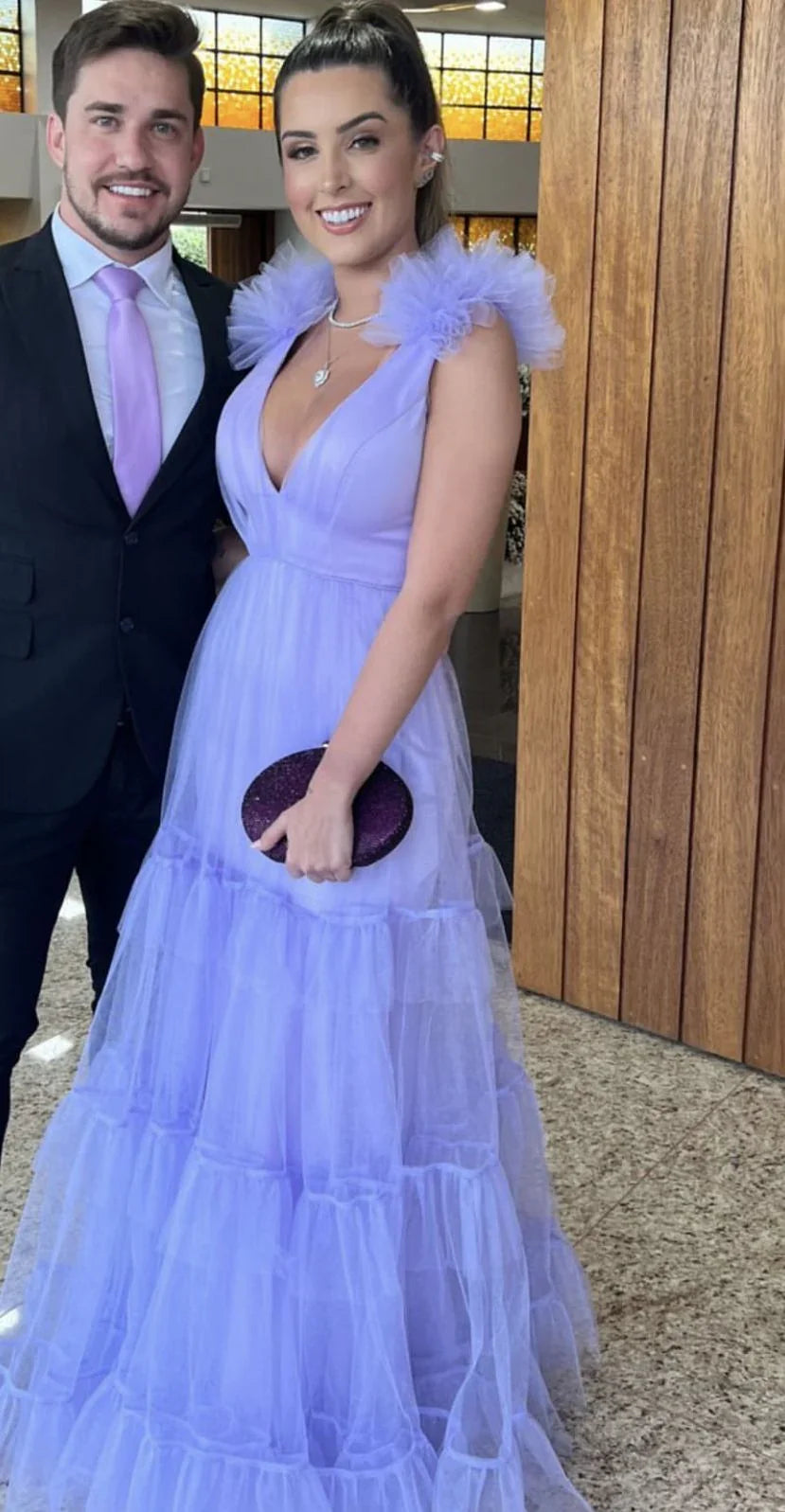 Robe de bal violette en tulle à encolure en V et coupe trapèze, robe de soirée violette Y2884