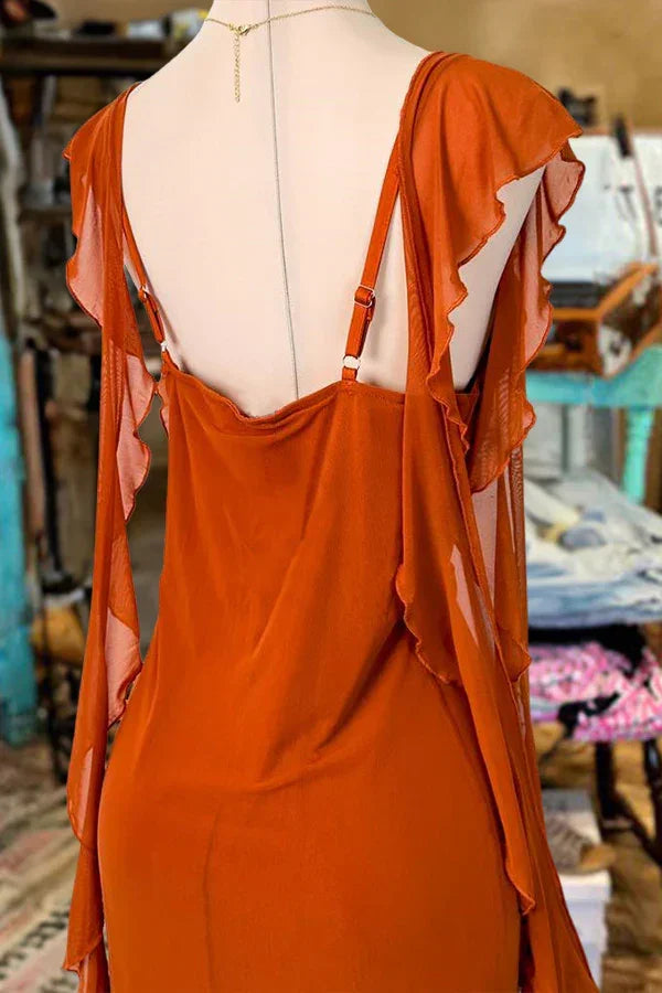 Vestido de Festa Elegante com Mangas Folhadas, Decote Quadrado, Modelo Tubinho, Comprido para Noite Y8091