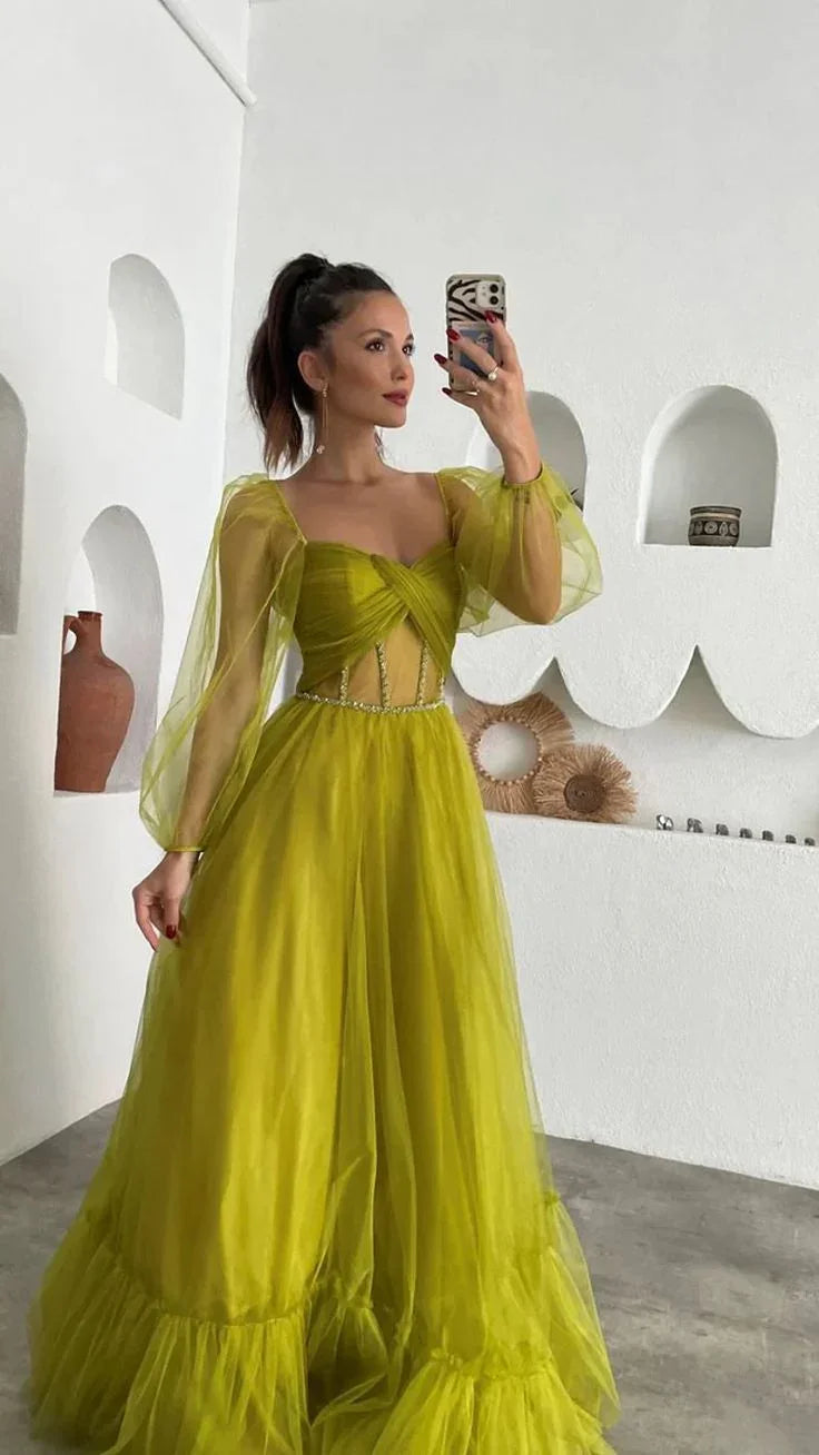 Vestido de baile de fada verde para adulto, vestido longo de baile com corpete em tule Y6148