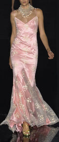 Vestido de noite formal sereia em cetim com renda e alças finas cor-de-rosa Y8408