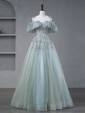 Vestido de noite elegante azul com aplicação de tule, corte em A, ombros descobertos, vestido de baile Y8372