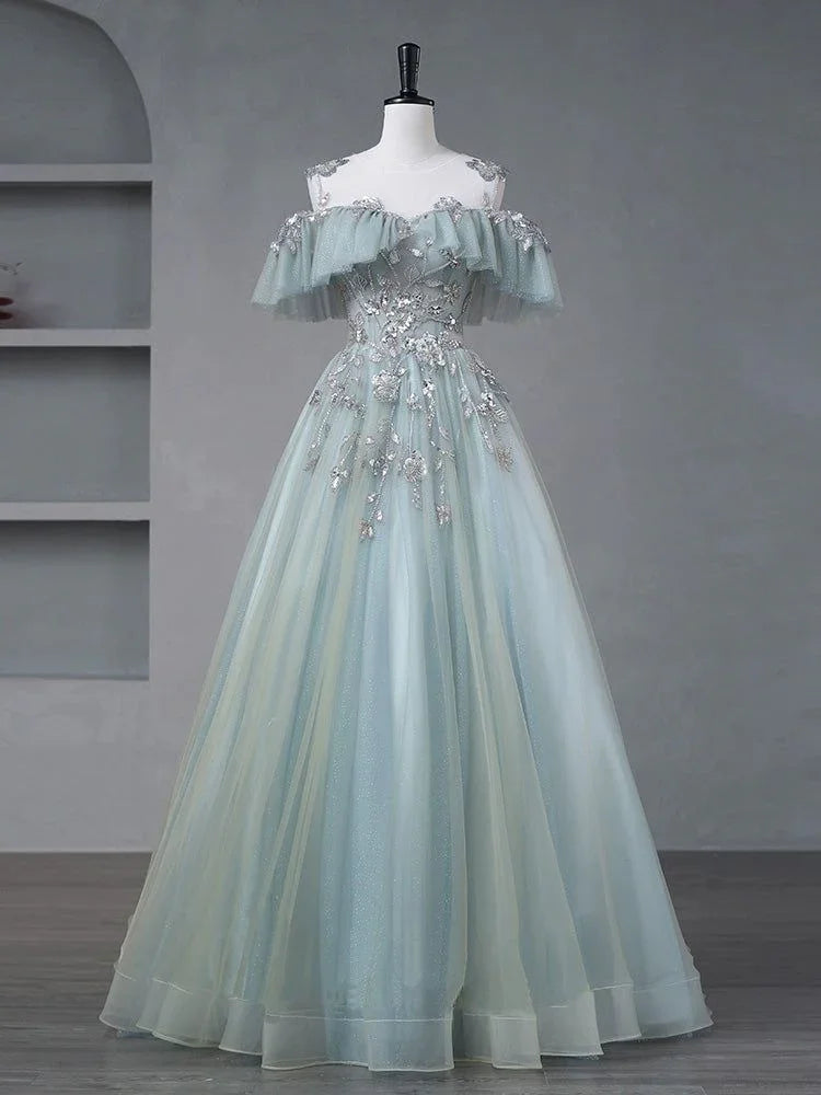 Vestido de noite elegante azul com aplicação de tule, corte em A, ombros descobertos, vestido de baile Y8372