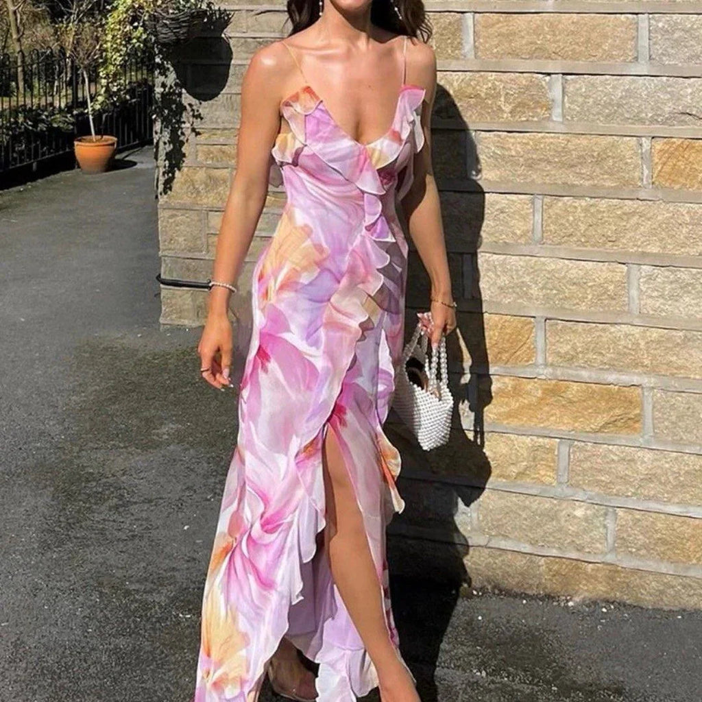 Beautiful Ruffle Graphic Floral Print Low Backless Long Prom Dress Slit Party Evening Dress Y8099