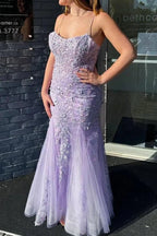 Vestido de Baile Longo de Sereia com Alças Finas de Renda e Apliques Lilás Y7933