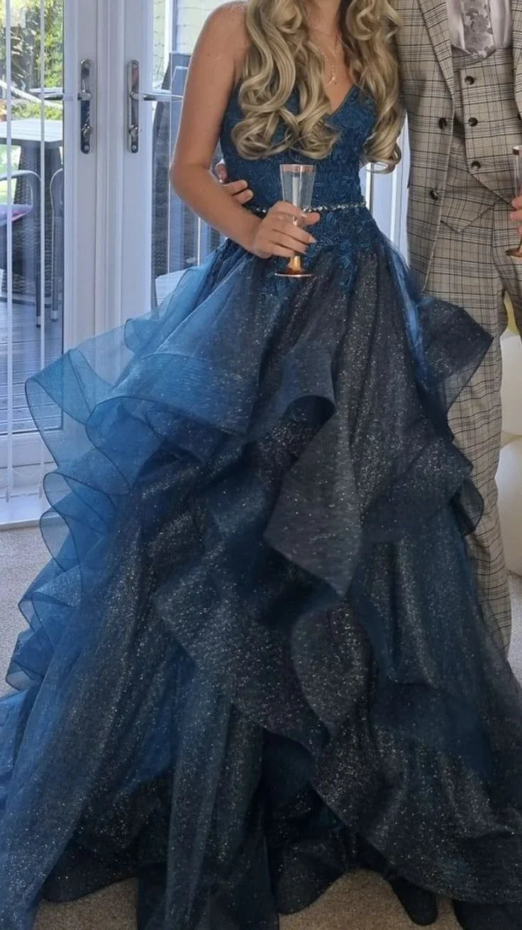 Azul brilhante com decote em v tule apliques lantejoulas longo vestido de baile cinta de espaguete vestido de noite y8051