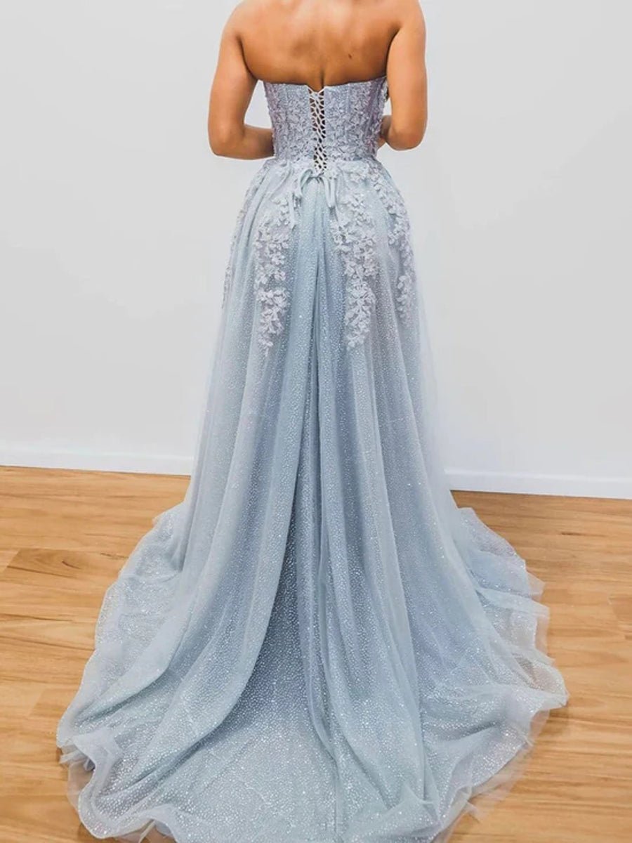A-Line Evening Gown Sparkle & Shine Dress Formal Court Train Sleeveless Sweetheart Tulle with Beading Slit Appliques